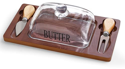 Neue Butterdose für 250g Butter, Butterdose Glas mit Messer Gabel, Nachhaltiger Behälter aus Butterdose Bambus mit Deckel aus Glas, Butterdosen, Butter Dish, Butterbox Bambus Holz, Spülmaschinenfest