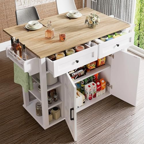 Cayipng Carro de Cocina, Isla de Cocina móvil con encimera abatible, toallero y especiero, Carrito de Comedor con 2 cajones y Almacenamiento, Blanco