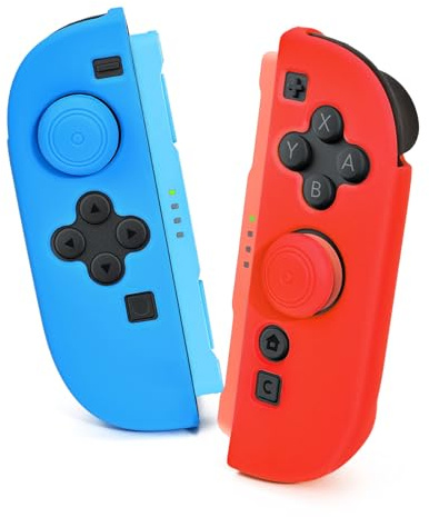 DLseego Coque de Protection pour Switch 2, Silicone Souple Anti-jaunissement Switch 2 Poignée TPC Housse Antidérapant et Anti-rayures Grip Coque avec 2PCS Poignée de Pouce,Rouge+Bleu
