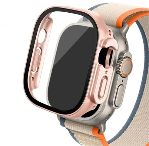 Quirxio Boîtier en verre pour Apple Watch Ultra 2, 49mm, smar twatch PC, protecteur d'écran pare-chocs, couverture trempée, accessoires de bande série iwatch(Rose gold 27,Ultra 49mm)
