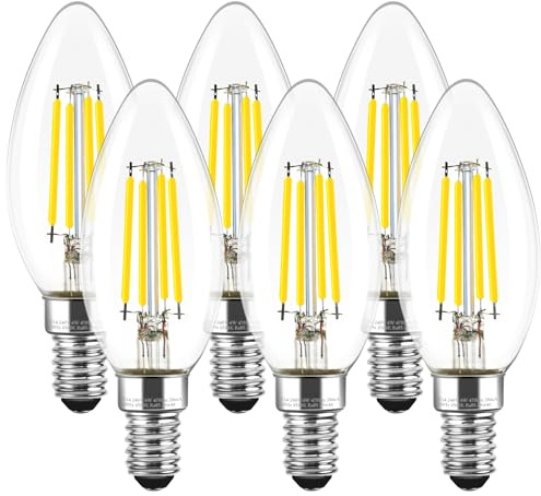 Levidon E14 LED Candle Light Bulbs Dimmable, 4W (Equivalent to 40W), Small Edison Screw (SES) 6500K Cool White Clear Filament - Pack of 6