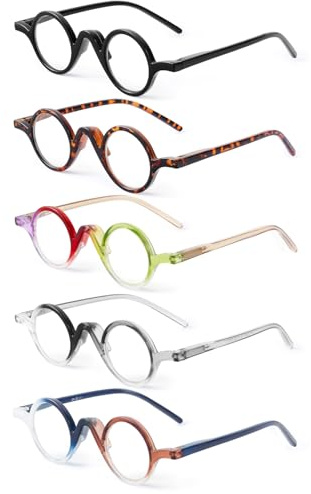 JM 5 Pack Round Reading Glasses for Women Men, Vintage Small Blue Light Blocking Computer Readers with Spring Hinges