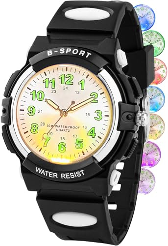 GUUMUXIN Analoge Kinderuhr mit Bunten Lichtern für Jungen und Mädchen, 30M wasserdichte Lernuhr TPU Armband Outdoor Sportuhr für 5-16 Jahre
