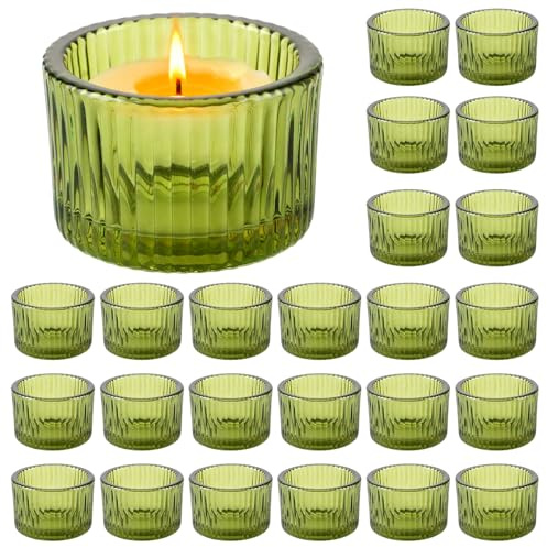 LDXDRU 24 Stück Grüner Teelichthalter Grün Teelichtgläser Glas Vintage Kerzengläser Teelichtglas Kerzenhalter aus Glas Gerippt Teelicht Gläser für Tischdeko für Tisch Weihnachten Hochzeit Deko