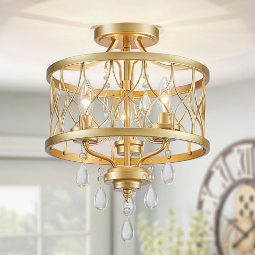 WUZUPS Kronleuchter 3-Licht Vintage Bauernhaus Industrielle Semi-Flush Mount Deckenleuchte Moderne Beleuchtung für Foyer Schlafzimmer Flur Aufbewahrungsraum Küche, H 40,6 x W 32,5, E14 Base, Gold