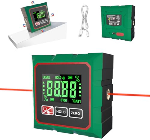 Ciomexiy Digital Angle Finder with Laser, 4 Side Magnetic Level | Mini Digital Inclinometer Gauge USB Charging Precise Electronic Protractor Cube for Woodworking, Table Saw