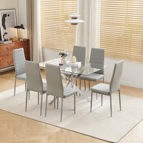 Rainbow Tree Modern Glass Dining Table Set for 6, Stylish 120cm Dining Table and Chairs Set 6 for Dining Room Kitchen, Dining Table Set with Chrome Legs