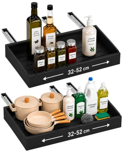 AMMERGI Cajones Extraibles para Cocina - Bandeja Extraíble Armario Cocina - Organizador Armario de Ancho Ajustable (32-52 cm) Para Almacenaje y Organizador en Hogar - Sin Taladrar (Negro 42)