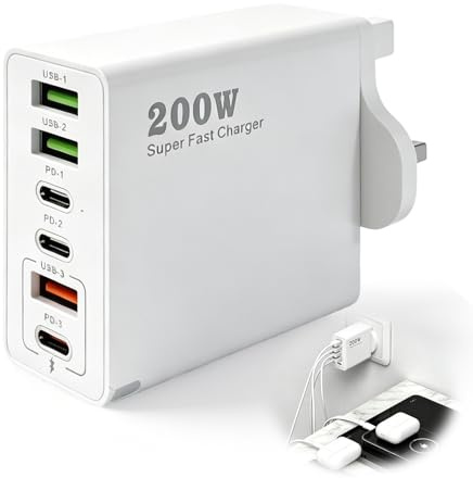 200W USB C Charging Station with 6 Ports, Multi Fast Charger Plug UK with PD 100W/65W/45W/20W USB C Charger Hub for MacBook Laptops iPhone 16/15 Pro iPads Samsung Galaxy Steam Deck