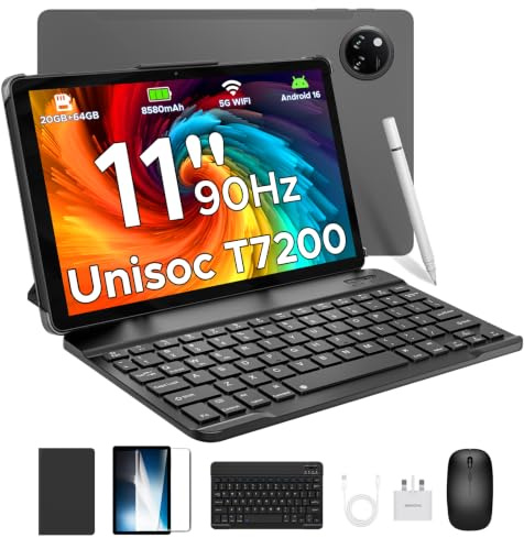 DOOGEETab TAB A9+ Android 16 Tablet with Keyboard, 11 Inch Tablet with Gemini AI, 8580mAh & T7200 Octa Core Android Tablets, 20GB+64GB/2TB, 13MP+5MP, Widevine L1|Face ID|BT|5G WiFi|GPS|FM|OTG, Gray