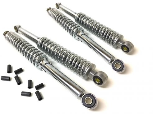4x Chrom Stoßdämpfer Tieferlegung Set passend für Simson Schwalbe KR51, 26cm und 28cm – Hydraulisch gefedert, 5-fach verstellbar, inkl. Reduzierhülsen passend für Moped Tuning