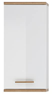 Pelipal Badezimmer Hängeschrank Quickset 923 in Weiß Glanz/Riviera Eiche quer Nachbildung, 35,5 cm breit | Bad Wandschrank mit 1 Tür und 2 Glas-Einlegeböden
