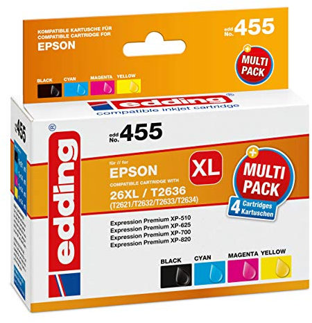 edding Druckerpatrone EDD-455 - Multipack 4 - Schwarz, Cyan, Magenta, Gelb - 1x 21 ml + 3x 14 ml - Reichweite 1x 500 3x 700 Seiten - Ersetzt Epson T26XL (T2621/32/33/34)