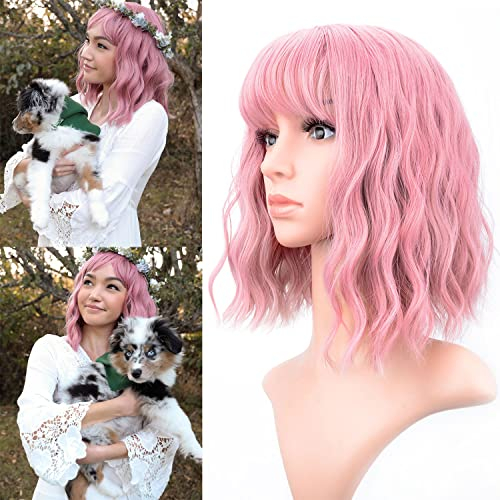 VCKOVCKO Pastell gewellte Perücke mit Pony kurze Bob lila rosa Perücke lockige gewellte schulterlange Pastell Bob synthetische Cosplay Perücke für Mädchen bunte Kostüm Perücken (12,Lila Rosa)