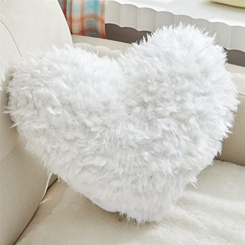 MOOWOO Decoración para el día de San Valentín, cojín de corazón Esponjoso con Funda de Almohada e Inserto, Piel sintética Peluda, Decoraciones de Navidad (Blanco, Forma de corazón, 15.7 x 15.7