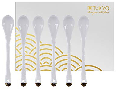 TOKYO Design Studio Nippon White 6-er Löffel-Set weiß, 13 cm klein, mit Gold-Rand, asiatisches Porzellan, japanisches Design, inkl. Geschenk-Verpackung