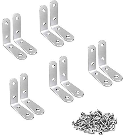 TAIANJI 10 Pcs Corner Brackets Stainless L Shaped Bracket 90 Degree Bracket Plate Metal Angle 50mm Corner for Wood, Shelves, Joint Fastener with Screws