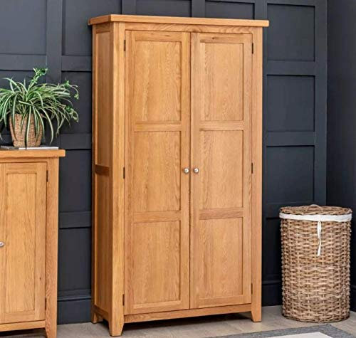 The Furniture Market Cheshire Oak Double Shaker Kitchen Pantry Storage Cupboard - Quality Oak Storage Cabinet - Adjustable Shelves - Natural Oak with Satin Lacquer - H 1800mm x W 1020mm x D 410mm
