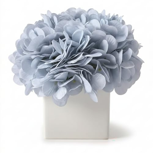 NAWEIDA Artificial Hydrangea Flowers with White Vase, Faux Blue Flower Arrangement for Home Decor, Fake Flowers Centrepiece for Coffee Table, Bedroom, Office Decoration
