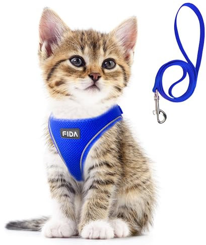 Fida Katzengeschirr und Leine Set für Spaziergänge mit Kätzchen und Welpen, ausbruchsicheres Kätzchengeschirr mit atmungsaktivem, reflektierendem Step-In-Design für Kätzchen und Welpen. (XXXS, Blau)