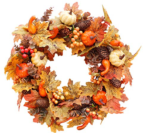 Artificial Autumn Wreath Decorations Front Door with Maple Leaf,Harvest Front Door Wreath with Pumpkin Acorn Berries,Halloween Wreath Outdoor Ornaments for Home Bedroom Wall Party and Thanksgiving