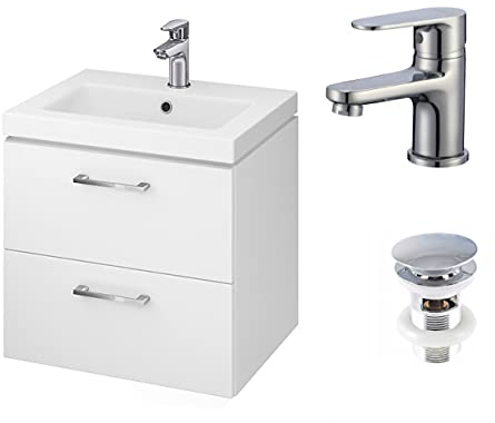 VBChome Waschbecken mit Unterschrank 60 cm | Badmöbel Weiß Hochglanz | 2 Schubladen inkl. Armatur & Pop-Up Ventil | Hängendes Badezimmermöbel Click-Clack System