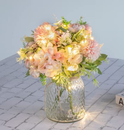 KELINGO Artificial LED Pink Rose Flowers with Glass Vase, Remote Control Led Light, Flower Arrangement for Table Centerpiece, Home Office Wedding Decoration