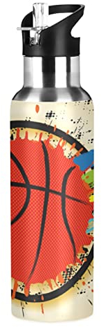 Vnurnrn Cadeau D'Art Sport Basket Bouteille d'eau Isotherme avec Paille en Acier Inoxydable Gourde 600ML, Sans Bpa Gourdes Eau pour Enfant Sport Randonnée École Bureau