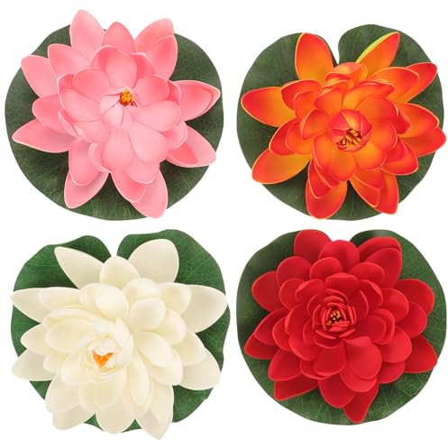 VALICLUD 4 unidades de flores artificiales flotantes de loto, simulación de nenúfar, flor de loto, decoración para jardín, terraza, acuario, piscina, estanque, 17 cm