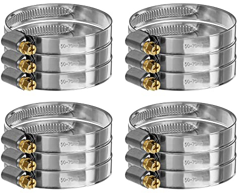 IHS Edelstahl Schlauchschellen DIN 3017 V2A Schneckengewinde Schellen W2 16-110mm Spannweite, viele Größen, geprägtes Band, 12mm Bandbreite 12x 50-70