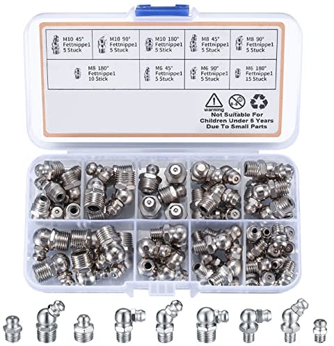 MMDBD 60 STK Schmiernippel Sortiment Kit, Kegelschmiernippel, Hydraulik Fettnippel, Abschmiernippel, Kegelnippel für Schmierpressen, Gerade 90°, Abgewinkelt 45°M6 M8 M10