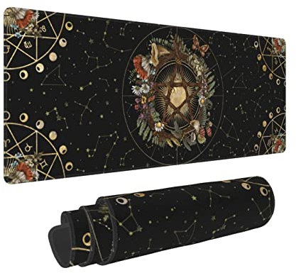 Pentagram Forest Magic Mushroom Witch Constellation Black Mouse Pad XL Extended Desk Mat, Non Slip Rubber Base Stitched Edge Gaming Pc Desktop Large Mice Pad,31.5¡Á11.8 Inch