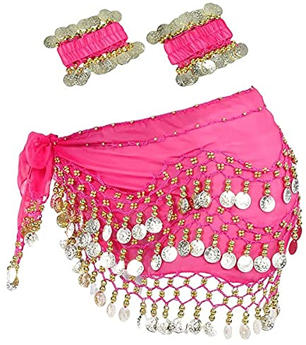 Belly Dance Hip Scarf with Bracelet, 128 Coins Belly Dance Skirt Wrap Belt with Wrist Ankle Bracelets, Dance Skirt Belt Waist Chain for Belly Dance, Zumba or Yoga Class, Performance Costume