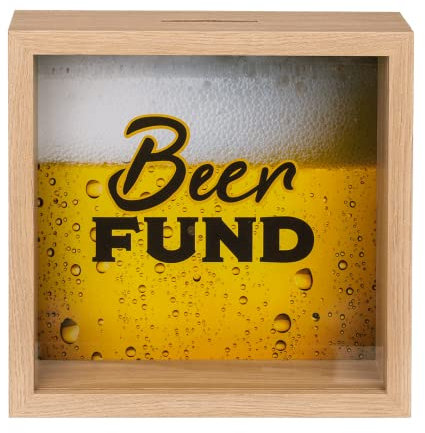 Makio Spardose aus Holz, Biersparend, Münz-Spardose mit lustigem Beer Fund-Design (20 x 20 cm) mit Aufhänger für Erwachsene, Bierliebhaber und Art Deco Fans