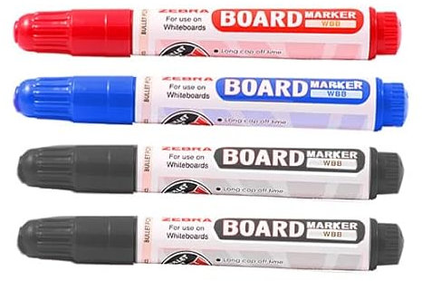 Zebra Large Whiteboard Dry Wipe Marker Pens - Bullet Tip - Black, Blue, Red - Pack of 4