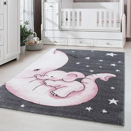 Carpetsale24 Kinderteppich Niedlicher Elefant Rosa 140x200 cm – Großer Teppich fürs Kinderzimmer – Kuschelig & Kindgerechtes Design