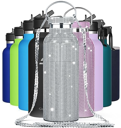 GeeRic Bling Bouteille d'eau Strass, Bouteille d'eau en Acier Inoxydable avec Couvercle en Paille Bonus, Bouteille Isotherme avec Chaîne Bling Bouteille à Paillettes pour Filles Femmes (500ml Argent)