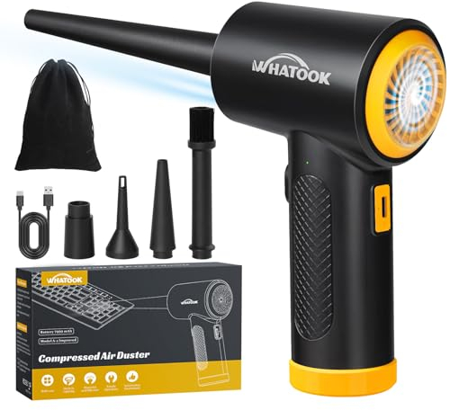 Soplador de Polvo Eléctrico,Plumero de Aire Comprimido,Potente 3 Velocidades 60000 RPM,Batería Recargable de 6000 mAh,con Luz LED, para Ordenador, Coche (Air Duster-Yellow)