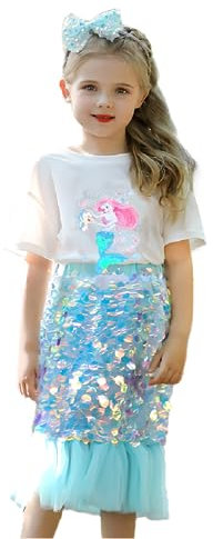 Fancyland Meerjungfrau Glanz Kostüm Mädchen- Meerjungfrau Flosse Glitzer Rock mit T-Shirt Pailletten Baumwolle Set Halloween Karneval (Blau-c, 90cm)
