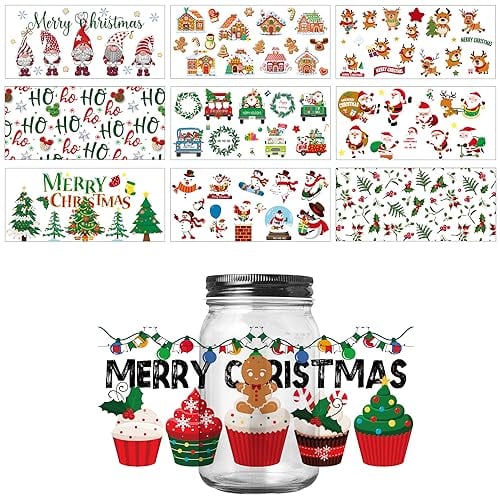10 Blatt DTF Transferaufkleber, Transfer Aufkleber Weihnachten für 454ml Glasbecher Wasserfest Zwerge Lebkuchenmänner Weihnachtsmann Muster Rub on Transferaufkleber für Glas Kunsthandwerk
