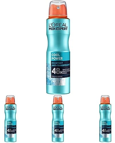L'Oréal Men Expert 48H Deospray für Männer, Bodyspray gegen starken Schweißgeruch, Schwitzen und Achselnässe, Herren Deo Antitranspirant mit Cooling-System ohne Alkohol, Cool Power, 4 x 150 ml