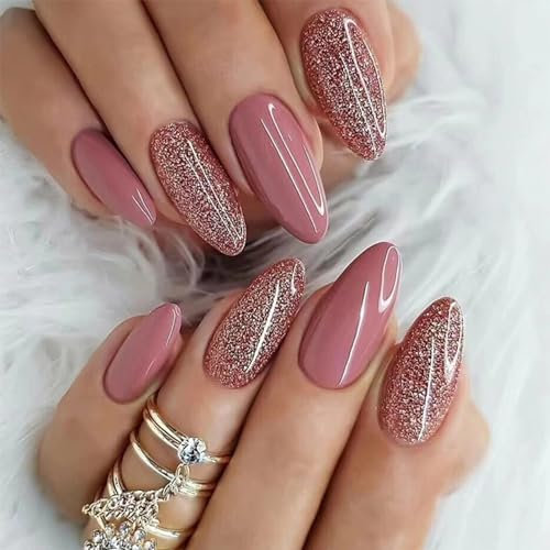 Agasar 24pcs Short Almond False Nails Glitter Nude Pink Stick on Nails Press on Nails Removable Glue-on Nails Fake Nails Women Girls Nail Art Accessories