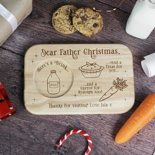 eBuyGB Personalised Father Christmas Christmas Eve Tea & Biscuits Board, Christmas Eve Board, Treat, Mince Pie, Milk, Carrot, Christmas Eve Plate for Santa Claus