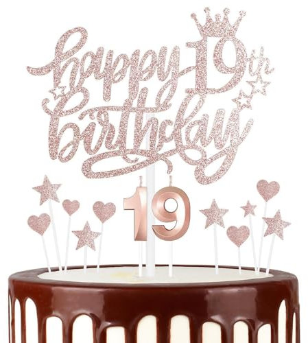 mciskin Girls 19th Happy Birthday Candles Cake Toppers, Number 19 Candle for Cake, Rose Gold Candles for Women Birthday Decorations, Heart Star Cake Toppers for 19th Birthday Party Wedding Anniversary