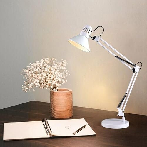 Lampada da Scrivania Girevole e Snodabile E27 Struttura Metallica Resistente Braccio Estensibile 72cm Illuminazione Ufficio Casa 230V Cavo 1.5m Morsetto e Base Elegante Design (Bianco)