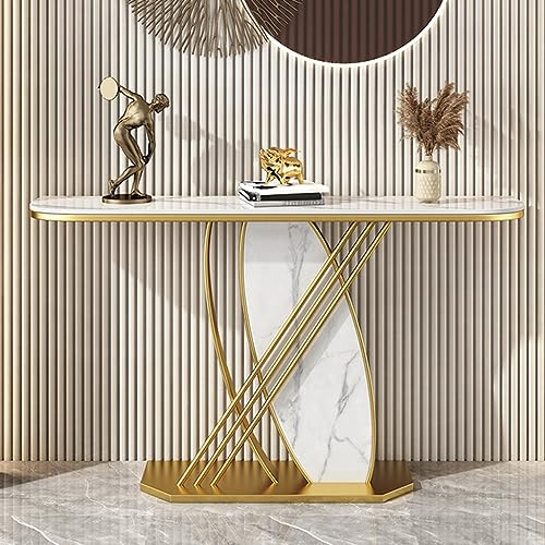 Konsolentisch, moderner Konsolentisch in Gold und Schwarz mit Metallsockel, schmaler Eingangstisch aus Kunstmarmor, Langer Tisch mit breiterer Tischplatte (Gold 120 x 30 x 80 cm)
