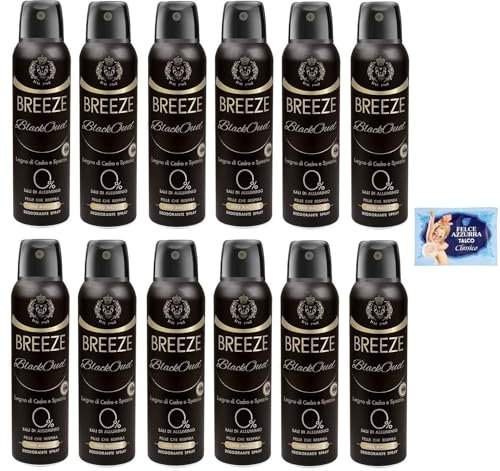 12x BREEZE Deodorante Spray Black Oud Legno di Cedro e Spezie,Zero Macchie Sulla Pelle 150ml + 1 Busta di Talco Felce Azzurra in omaggio da 100g