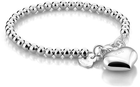 Dankadi Bracelet de Perles pour Femme en Argent 925 Large de 4MM 6MM Sans et Avec Pendentif Coeur, Long 13-21CM Doré Or Rose Cadeau Fête Maman Fille Homme (17CM, Argent 4MM Avec Pendentif Coeur)