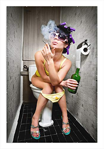Wallario Wandbild - Kloparty - Sexy Frau auf Toilette Zigarette & Schnapsflasche - farbig in Premiumqualität, Poster mit rahmenlosen Bildhalter, Größe: 61 x 91,5 cm