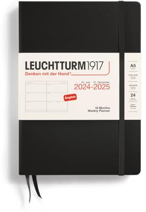 LEUCHTTURM1917 370718 Wochenkalender Medium (A5) 2025, 18 Monate, Schwarz, Englisch